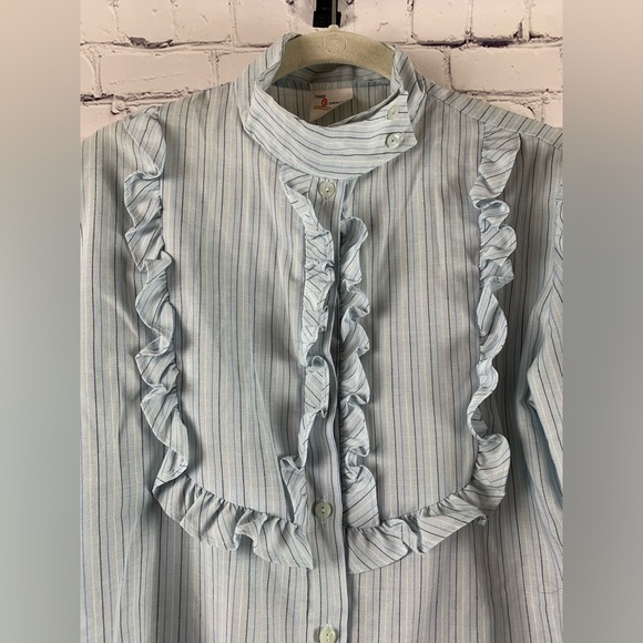 VINTAGE THIRD GENERATION Shirt Blue with Bishop Sleeves Button Down Ruffled - Picture 2 of 9